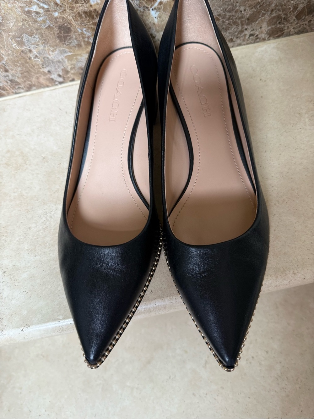 Coach Black Pointed Low Block Heel Pumps with Gold Stud Trim - Picture 13 of 16